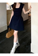 Navy Round Square Flared Dress
