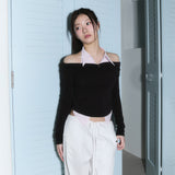 (3rd reorder) shirts layered off shoulder top - brown