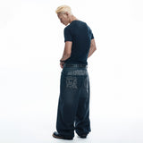 Lettering Wide Denim Pants - BLACK