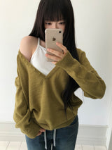 Chemin Button Deep V-Neck Long Sleeve Knit