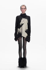 Sequin Horse Print High Neck Sweater