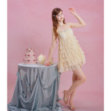 [GirlyFancyClub] Fresh Yellow Camisole Dress Sleeveless Multi-layer Ruffle Layered Dress