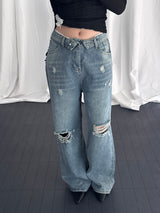 Toris Distressed Fold-Cuff Wide Denim Pants
