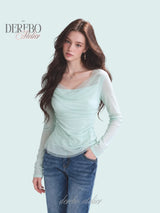 Mint chiffon mesh shirring long-sleeve tee