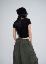 [U-BASIC] Slow button V-neck short sleeve