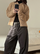 Hairy crop round knit cardigan(3color)
