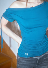 Meow Summer draping shrring Boat neck Top
