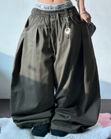 KOREAN/KEYRING 🤎 KEYRING BELT BALLOON WIDE COTTON LONG PANTS 🤎💚💛🖤 - 5 COLORS