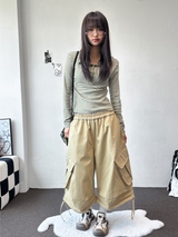 Genie Eyelet Stud Rope Balloon Cargo Bermuda Shorts 3color