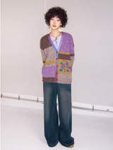 Color dot jacquard patchwork knitted cardigan sweater