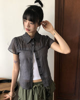 Noel seersucker v-neck checkered short sleeve shirt