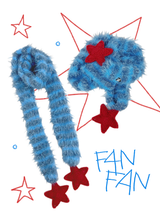 Fluffy Striped Scarf with Red Crochet Stars at Both Ends  （Winter Sun Red &Glacier Blue）