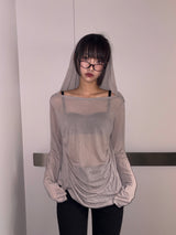 Middle Drape Loose Hooded Long Sleeve T-Shirt 3color