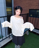 (3color) Ribbon Deep Slit Loose Fit Summer Long Sleeve Tee