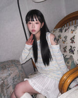 (2color) Frill Slub Stripe Cut-Out Shoulder Long Sleeve Tee