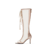 Satin See-Through Open Toe Boots Heel(Beige)