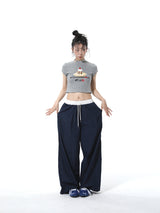 Summon Oak American-style spliced contrast-color casual pants for women, loose straight-cut wide-leg sports trousers with a good draping effect