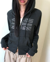 Jibil Rhinestone US フラッグクロップドロングスリーブフーディージップアップ