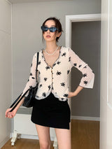retro floral ruffle long-sleeve blouse
