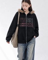 (UNISEX) USA Flag Fur Hood Zip-up