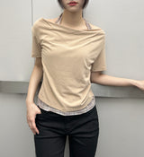 チェック ホルター オフショルダー セミクロップドTシャツ - 3カラー