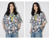Short-sleeved pure cotton vintage casual floral shirt with texture effect