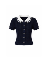 デイジースカラップカラーコントラストショートスリーブニットカーディガン Navy