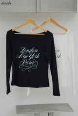 ワイドネックレタリングノーマルフィット長袖Tシャツ