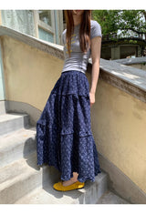 Cozy Navy Flower Frill Long Banding Skirt