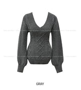 Div Long Slim Cable V-neck Knit