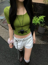 Olive Diary Button U-Neck Slim Fit T-Shirt