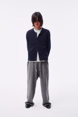 WOOL BLEND PIQUÉ TEXTURE CROSS TOTEM EMBROIDERY RAW-EDGE FOUR-COLOR BUTTON CARDIGAN