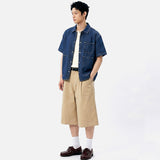 Wide Cotton Pleated Bermuda Shorts Beige