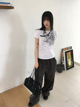 ドゥードゥルタトゥープリンティングスリムショートスリーブTシャツ