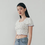 Frill Crop T-shirt - FLOWER PATTERN