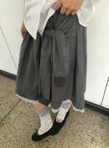 Karohi Sleeve Layered Check Shirring Midi Banding Skirt