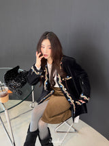 French velvet embroidered no collar jacket