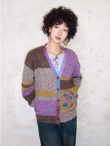 Color dot jacquard patchwork knitted cardigan sweater