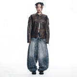 Sun Patch Leopard Balloon Denim Pants - BLACK