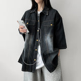 Trin boxy fit denim short-sleeved shirt collar hooded jacket