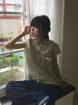 Meva Check Ribbon Short Sleeve Blouse