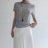[Mokdin] Mock-Neck Shirred Short-Sleeve T-Shirt - 4 Colors