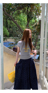 Cozy Navy Flower Frill Long Banding Skirt