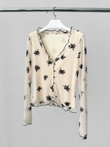 retro floral ruffle long-sleeve blouse