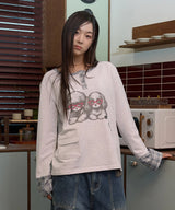 ヘンリー ネック レイヤード ロールアップ ロングスリーブ Tシャツ
