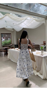 Blue Flower Cotton Sleeveless Long Dress