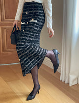 [Two-piece set] Rosy color matching knit cardigan banding skirt set