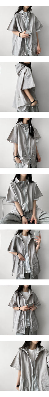 Hari boxy fit string cooling short-sleeved hooded zip-up jumper