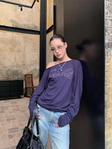 Navy unbalanced off-shoulder beads loose fit sweatshirt