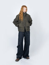 Curved Hood Leather Jacket (Khaki Black)